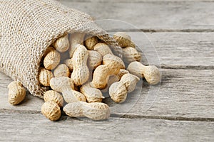 Peanuts in a miniature burlap bag on old, gray wooden surface