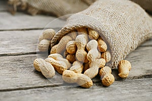 Peanuts in a miniature burlap bag on old, gray wooden surface