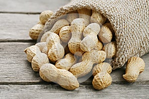 Peanuts in a miniature burlap bag on old, gray wooden surface