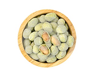 Peanuts nori wasabi flavour coated in wooden bowl isolated on white background ,include clipping path