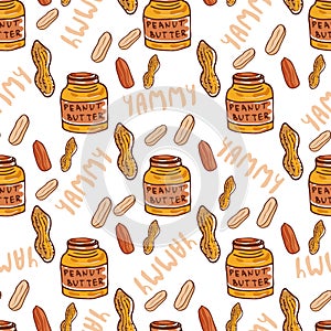 Peanuts seamless pattern with cute butter jar. Sketched nuts hand drawn vector background.