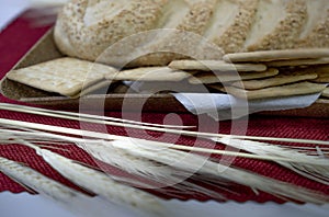 Peanuts in the shape of sweets, pacoca, cornmeal cake and peanut butter on bread