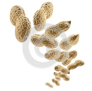 Peanuts in the shell levitate on a white background