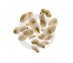 Peanuts in the shell levitate on a white background