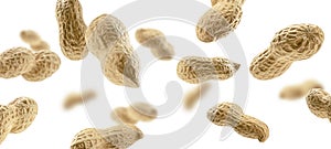 Peanuts in the shell levitate on a white background