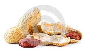Peanuts in a shell and open on a white background. Isolated