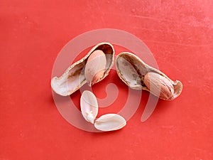 Peanuts with shell on a red background