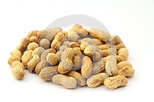 Peanuts in shell on a white background. Top view. Copy  empty space for text