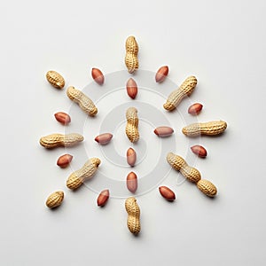 And peanuts in their shells are arranged on a white surface in a