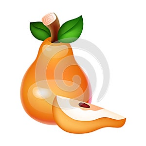 Juicy yellow pear with a slice on a white background