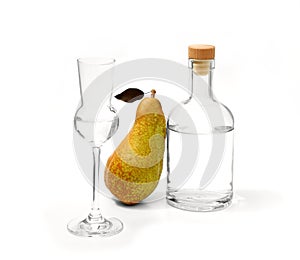 Pear Abate Fetel with glass and alcohol bottle