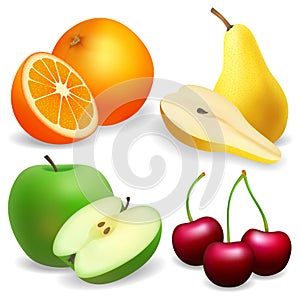 Pear, apple, orange. cherry. Set of fruit realistic.
