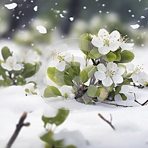 Pear blossom covered by snow. Heavy snow covering everything