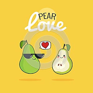 Pear cartoon characters, Cute fruit couple, Vintage poster flat design with Vector illustration