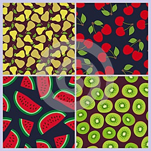 Pear, cherry, watermelon, kiwi seamless pattern. Berries and fruits. Fashion design. Food print for dress, skirt