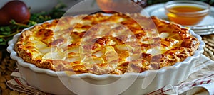 Pear clafoutis in white baking dish with sliced pears delicious dessert presentation