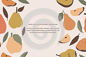 Pear classic background with hand-drawn colorful fruit icons with leaves and text.  Plant illustration