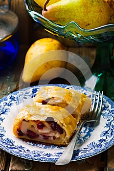 Pear and cranberry strudel .selective focus.