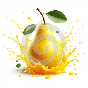 Pear falling into juice splash on white background