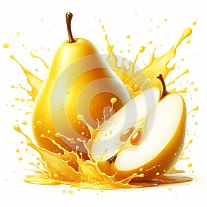 Pear falling into juice splash on white background