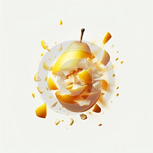 Pear falling into juice splash on white background