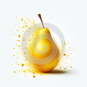 Pear falling into juice splash on white background