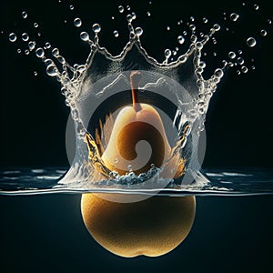 a pear falling into a water fountain, forming a crown of water