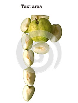 Pear fruit arranged in a  alphbet P and copy space