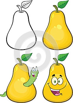 Pear Fruit With Green Leaf Cartoon Mascot Character Set 2. Collection