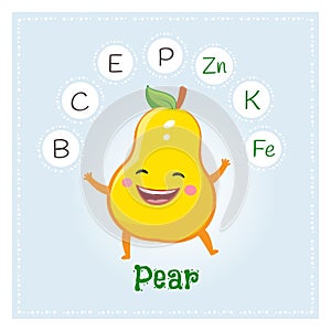 Pear fruit vitamins and minerals. Funny fruit character. Healthy food illustration
