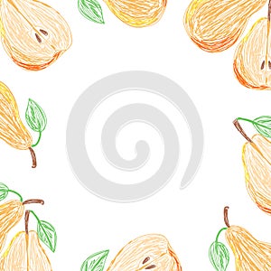 Pear fruits frame. Vector hand drawn design print. Natural pencil drawing