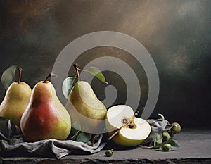 Pear fruits still life on dark grunge background