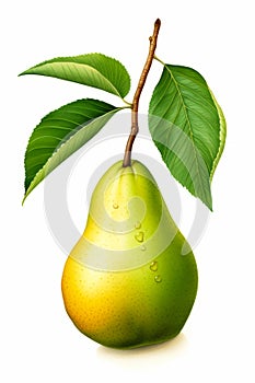 Pear with green leaf on white background with water drop. Generative AI