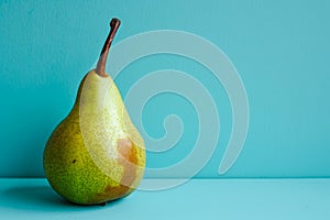 pear with a green skin and a brown stem on a blue background