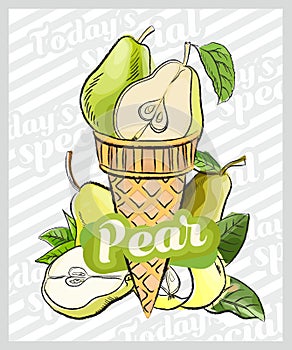 Pear ice cream scoop in cones. Vector sketch illustration. Fruit ice cream idea, concept
