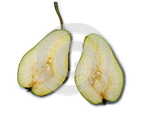 Pear isolate cut in half. Fruit on a white background. Green pear with red patches. Delicious fruit.