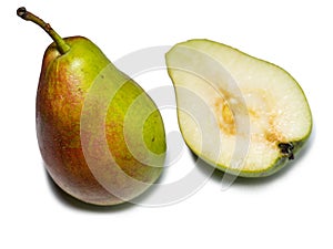 Pear isolate cut in half. A variety of pear ripening in agusta. August dew. Fruit on a white background. Green pear with red