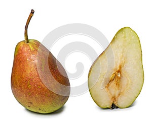 Pear isolate cut in half. A variety of pear ripening in agusta. August dew. Fruit on a white background. Green pear with red