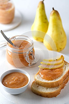 Pear jam with cream, toast. Cheese. White background, homemade