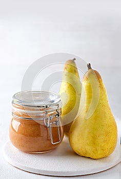 Pear jam with cream, toast. Cheese. White background, homemade