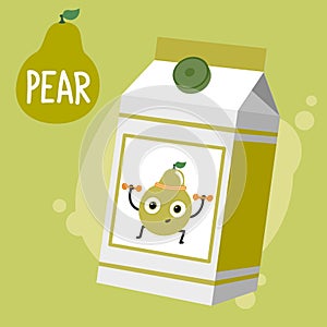 Pear juice box carton with cute pear character.