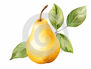 Pear with Leaf Isolated on White Background. Watercolour illustration. Generative AI.