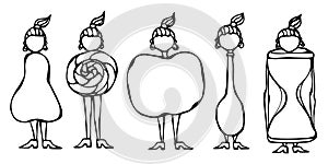 Pear, Lollipop, Apple, Spoon, Hourglass Women Body Type Figure Shape Sketch. Hand Drawn Vector Illustration. Caricature. Savoyar D