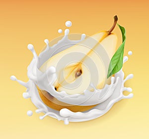 Pear and milk splash. Fruit and yogurt. 3d vector icon