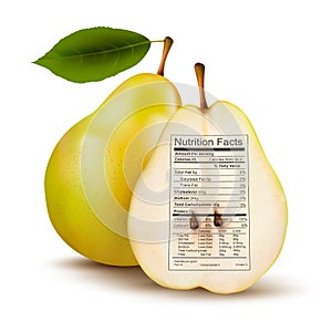 Pear with nutrition facts label. Concept of health