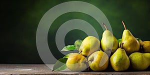 Pear organic fruit wooden table copy space blurred background