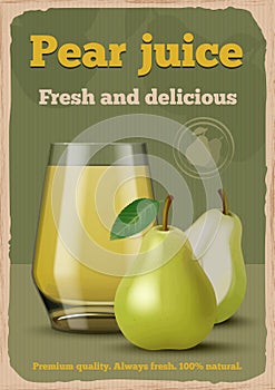Pear poster. Retro placard for fruits juice ads vintage illustrations decent vector templates in 1950s style