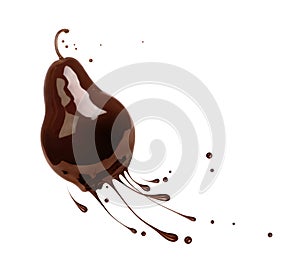 Pear is poured in the air with liquid chocolate, isolated on a white background