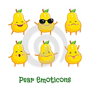 Pear smiles. Cute cartoon emoticons. Emoji icons
