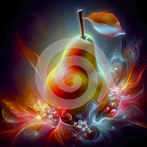 Pear with smoke on a dark background. 3d rendering,